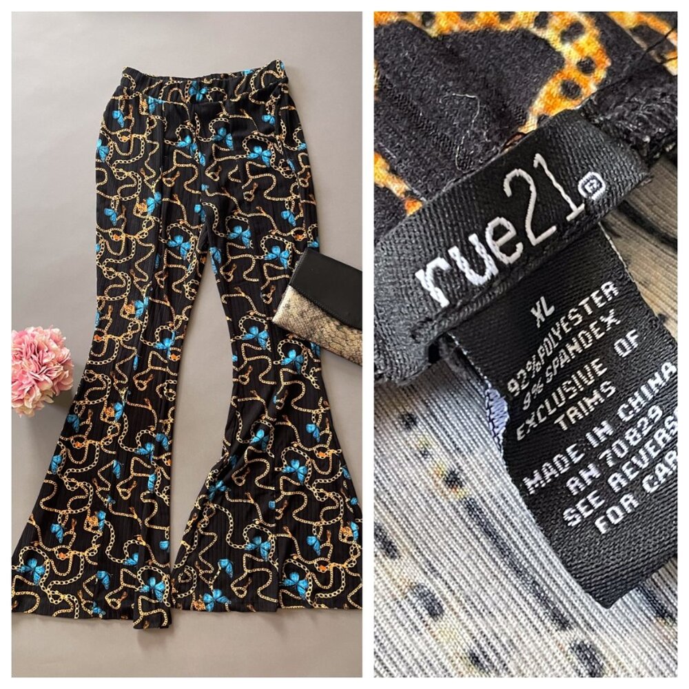 Rue 21 Flare Leg Stretch Pants Womens Black Gold Chain Blue Butterfly Size XL